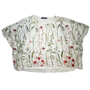 Highness Womens L/XL White Floral Embroidered Mesh Overlay Top Wildflower Boho